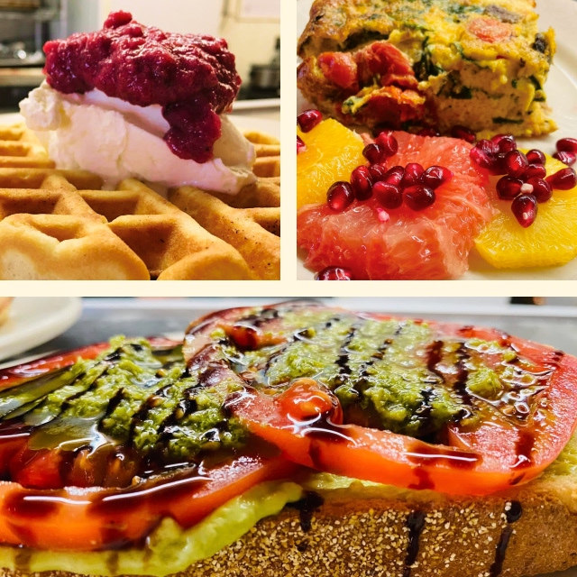 Fresh waffles and fruit, colorful quiche, and avocado toast with tomatoes, pesto, and balsamic reduction.